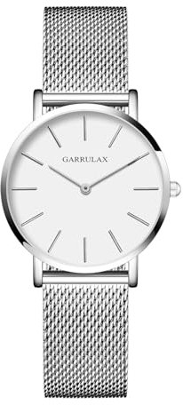 Garrulax Damen ultradünnes Gehäuse Analoge Quarzuhr Armbanduhren 36MM(Silber, Weiße Oberfläche, Silberarmband)