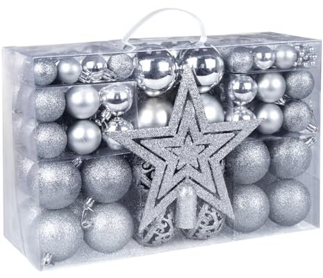 Weihnachtskugeln 98 teilig Set, Christbaumkugeln Box mit Dekosterne und Kette, Kunststoff Weihnachtsbaumschmuck Weihnachtsdeko Weihnachtsbaum Kugeln Set, Silber, 3 cm/4 cm/6 cm