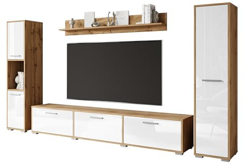 Toga Wohnzimmermöbel Set mit TV-Unterschrank, Hochschränken und Wandregal Wotan Eiche/Weiß Hochglanz Modern 4-teiliges Wohnwand Set für Wohnzimmer