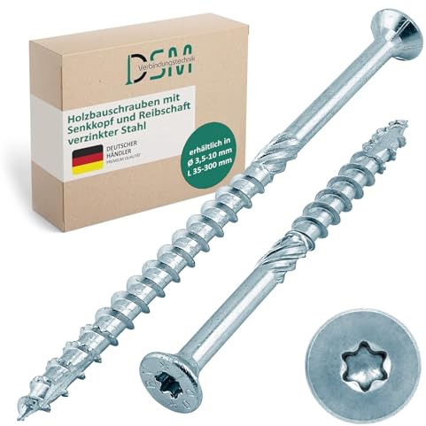 DSM - Lot de 100 vis à tête fraisée galvanisées TX30 pour constructions en bois - 6 x 120 mm - Pour panneaux d'aggloméré avec tige de friction, nervures de fraisage et pointe de coupe - Homologation