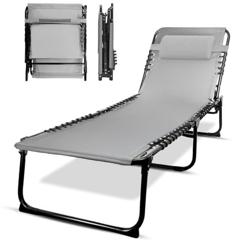 KEPLIN Foldable Recliner Sun Lounger - 600D Oxford Fabric - Adjustable Back and Leg Rests - Lightweight and Portable - Compact Space-Saving Design - Durable Outdoor Use - 190 x 65 x 30 cm (Grey)