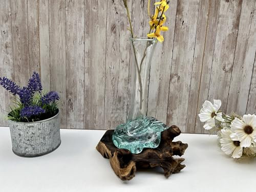 28cm Molten Glass Flower Stem Vase Wine Decanter on Wooden Teak Root Base