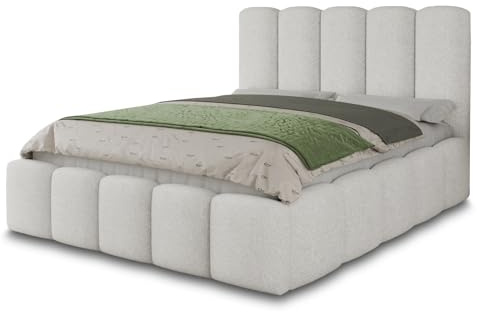 Sofnet Polsterbett Aura - Bettkasten mit Gasdruckfedern - Doppelbett mit Lattenrost, Bett mit Polsterkopfteil, Bettgestell, Schlafzimmer, Bouclé-Stoff (180 x 200 cm, Weiß (Coral 70))