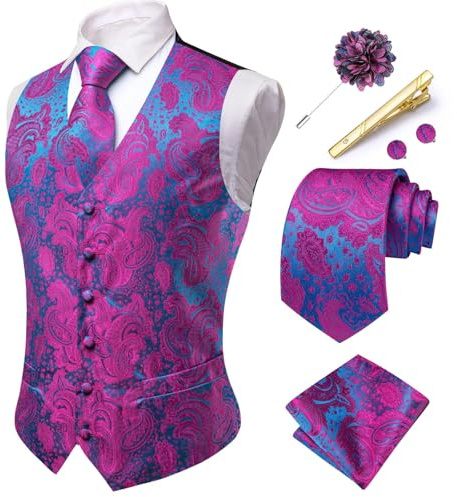 Hi-Tie Gilet da uomo con motivo cachemire formale, in seta, per matrimoni, cravatta, fazzoletto quadrato, set per feste aziendali