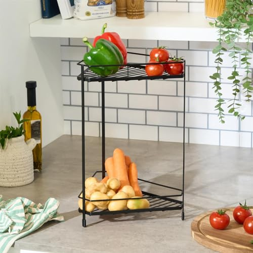 OHS 2 Tier Corner Shelf Metal Shelving Unit, Space Saving Freestanding Corner Kitchen Storage Rack Bookshelf Organiser Shelf Countertop Storage Rack for Living Room Bathroom, Black