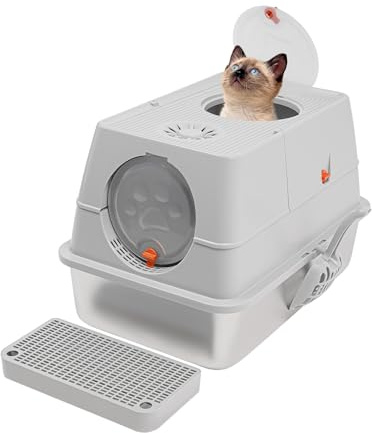 Katzenklo Edelstahl mit Deckel, XL Katzentoilette Geschlossen mit Katzenstreu Matte und Schaufel, Zwei-Tür-Konfiguration, Flip-Design, Geruchshemmend (Hellgrau)