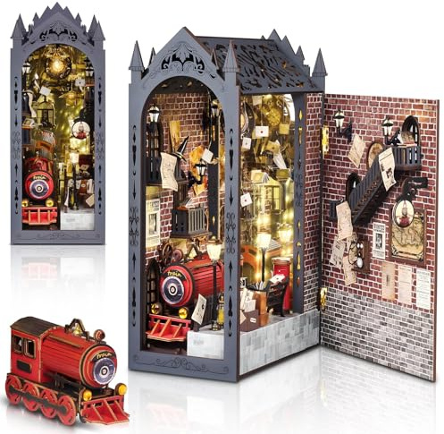 Book Nook Kit, Support de Livres Magique avec Éclairage LED DIY Maison de Poupée Miniature Kit Cadre de Décoration pour Bibliothèque Cadeaux de Vacances Noël Anniversaire