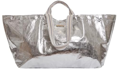 brasibrasi bigger glitter silber XXL Shopper Tasche, Glitzer Silber, 50/80 x 30 x 35 cm, 100% Polyester, Reißverschluss, Innentaschen, Kurze und Lange Henkel, Pink Innenfutter