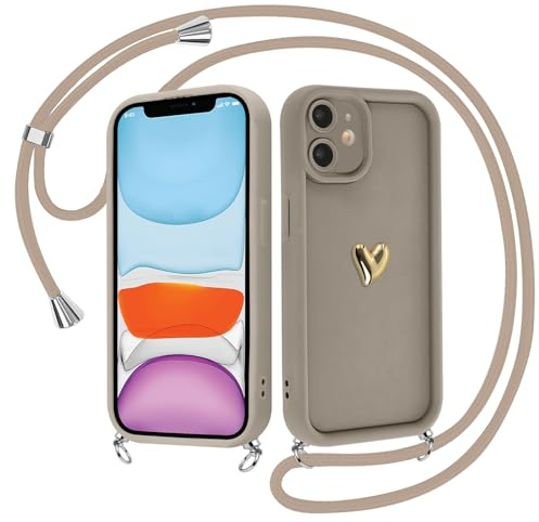 Krdvekm Cover con Cordino per iPhone 11 6,1'', Silicone Morbido Marrone Custodia Aesthetic Mädchen Modello Amore Oro 3D Cute Disegni Collana Regolabile Protezione della Fotocamera Antiurto Case