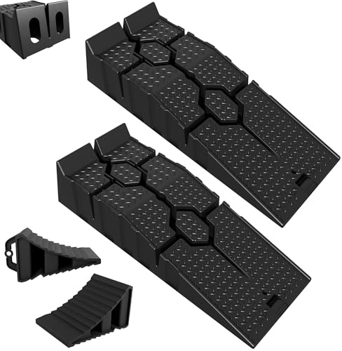XMTECH Auffahrrampen Set 2er mit Unterlegkeile Schwarz bis 2500kg PP stark | Rutschfeste Oberfläche, leichte Handhabung, praktische Griffe, geeignet für Auto, Caravan, Garage, Werkstatt und Stellplätze