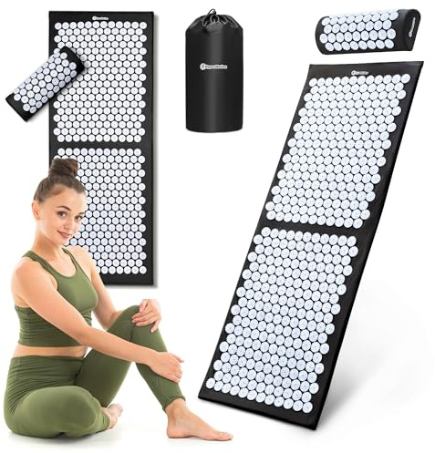 HyperMotion Akupressurmatte mit Kissen - Akupunktur Matte - Massagematte Ganzkörpermassage und Regeneration, Akupressurmatte Set für Entspannung Schwarz-Weiß, 130 x 50 x 2 cm