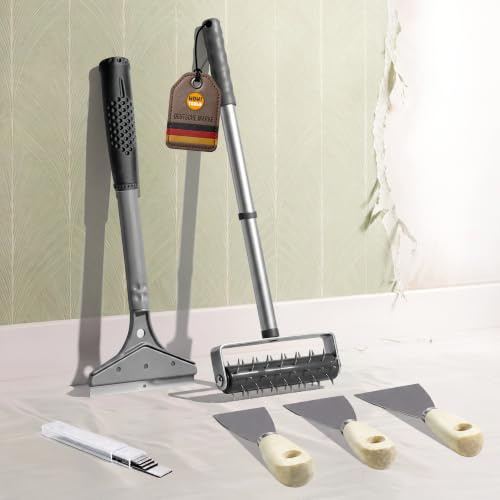 WOW!TOOLS Tapeten-Entferner-Set mit Igelwalze, Schaber, Malerspachteln | Inkl. 5 Stahlklingen, 3 Spachteln (40/60/80 mm), teleskopierbare Walze 34-54 cm, austauschbare Klingen