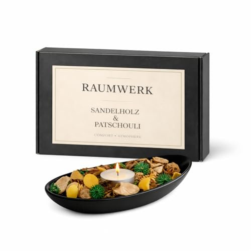 Duft Potpourri Set Sandelholz & Patschouli mit Schale & 3 Teelichtern – 60g Natürliches Potpourri Duftset – Dekoschale Schwarz – Raumduft für Wohnzimmer, Badezimmer & Schlafzimmer – Geschenkidee