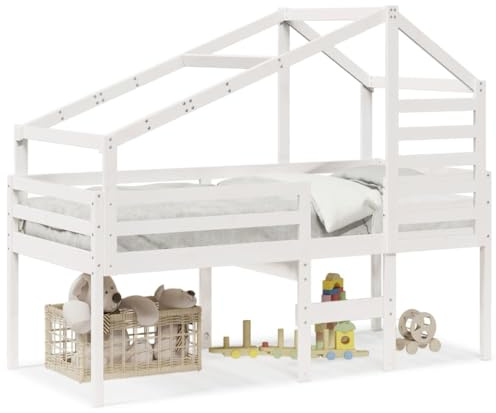 XHNIFBN Hochbett mit Dach 90x200 Kiefer Massivholz Weiß Spielbett Kinder 6+ Stauraum Lattenrost Matratze