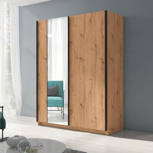 Home Collective Schwebetürenschrank Kleiderschrank Schrank mit Spiegel und Schiebetüren | viel Stauraum mit 4 Einlegeböden & Kleiderstange | modern Schlafzimmer | Artisan mit Spiegel | 150x198 cm