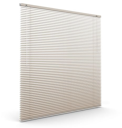 Victoria M. LightLess Prime Aluminium Jalousie mit Innovativen L-Lamellen für Starke Verdunkelung – Robust, Feuchtigkeitsbeständig, ohne Bohren, inkl. Klemmclips, 75 x 200 cm, Grau-beige