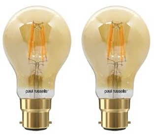 paul russells B22 Bayonet Cap LED Filament – 4.5Watt 35W Equivalent 400LM Lumens 2200K BC Standard GLS A60 – Amber Bright Energy Saving Light Non-Dimmable – Extra Warm White Bulbs - Pack of 2