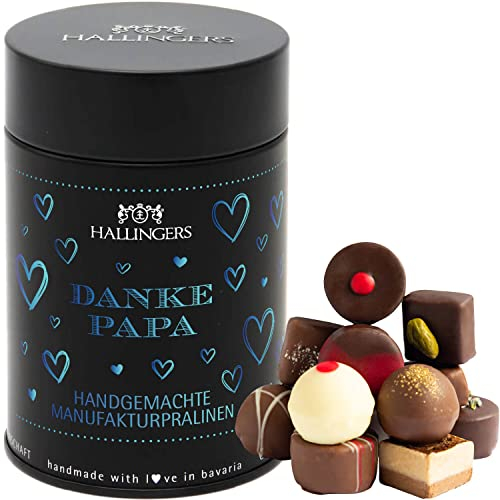 Hallingers Danke Papa - Vatertagsgeschenk Pralinen Geschenk handmade ohne Alkohol aus Edelkakao zum Vatertag für Papa (Dose) - Geschenk im Sommer & als perfektes Grillgeschenk | Danke Jahrestag