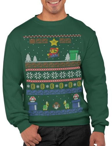 Graphic Impact Inspired Retro Gaming Freak Christmas Jumper Ugly Xmas Sweatshirts (X-Large, Bottle Green)