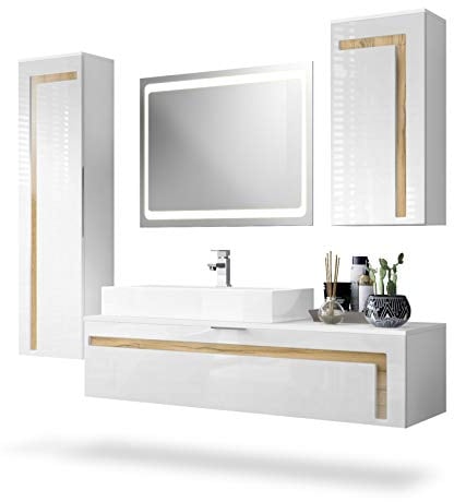 Vladon Badmöbel Komplettset Aloha, Made in Germany, Korpus in Weiß matt/Fronten in Weiß Hochglanz mit Absetzungen in Eiche Natur, mit Aufsatzwaschbecken und LED Spiegel