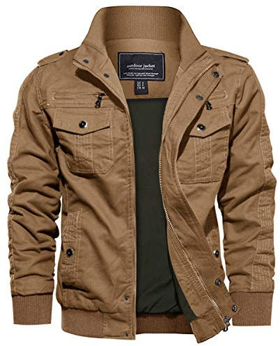EKLENTSON Men's Cotton Windbreaker Jacket Military Zipper Bomber Cargo Outwear Jackets Coat Khaki,M