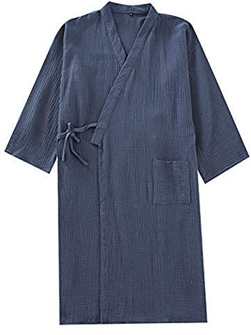 Herren Kimono Morgenmantel Casual Yukata V-Ausschnitt Schlafrock Langarm Schlafmantel Schlafshirt Baumwolle Bademantel Japanische Saunamantel Gemütlich Nachtwäsche Sleepwear mit Tasche (Dunkelblau)