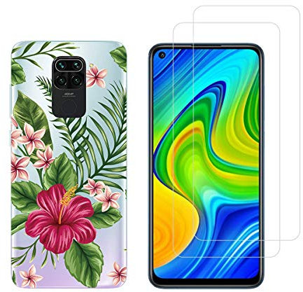NOVAGO Compatible con Xiaomi Redmi Note 9 - Combo Funda Gel de Silicona + 2 Protectores de Pantalla de Vidrio Templado (Exótico)