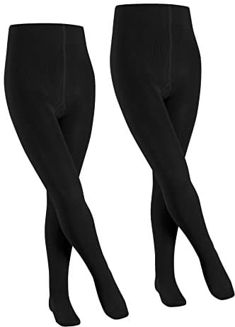 FALKE Unisex Kinder Strumpfhose Family Multipack K Ti Baumwolle dick einfarbig 2 Stück, Schwarz Black 3000, 122-128