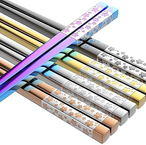 Lot de 5 paires de baguettes en métal réutilisables de style japonais multicolores en acier inoxydable, passent au lave-vaisselle, carrées légères et antidérapantes