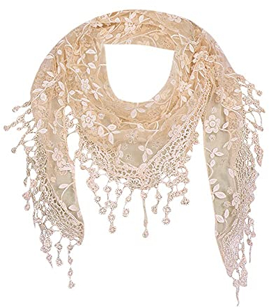 Damen Dreiecks-Schal mit Spitze und Quasten Frauen Dreieckstuch aus Polyester und Spitze Halstuch Schal Weiblich Lieblingsschal Elegant Klassischer für Frühling Sommer Ganzjährig