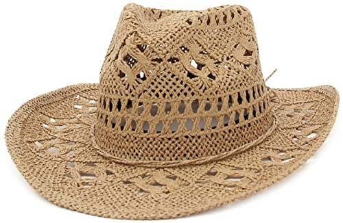 GEMVIE Cowboy Cowgirl Summer Straw Hat Wide Brim Hollow Out Cowboy Beach Sun Hats for Women Ladies Brown