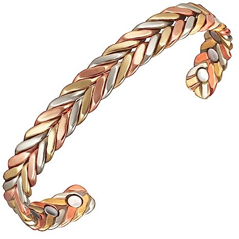 EnerMagiX Bracelets magnétiques en cuivre tressé à la main tricolore de 6,5 pour homme ou femme Bijoux en cuivre pur, 6.5 inches, Cuivre