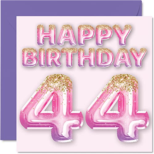 44th Birthday Card for Women, Pink & Purple Glitter Balloons | Happy Birthday Cards for 44 Year Old Woman Mum Cousin Friend Sister Auntie, 145mm Greeting Cards Gift