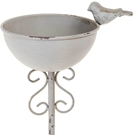 SIDCO Gartenstecker Vogeltränke stehend Vogelbad Futterschale Gartenstab Vintage grau