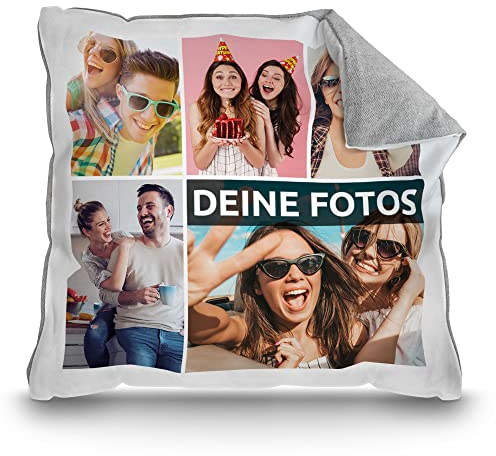 PR Print Royal Kissen mit Fotocollage selbst gestalten - mit 5 Fotos Personalisieren - Geschenk für Freunde und Familie | Rückseite Pastellgrau, inkl. Kissenfüllung, 40x40cm