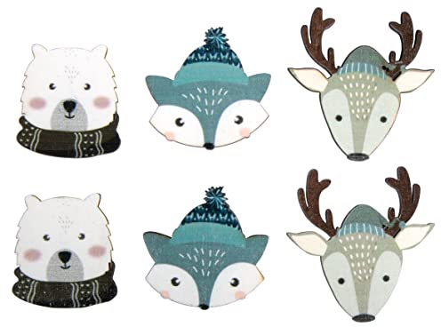 Rayher Holz-Streuteile Bär, Fuchs, Rentier, 3,8 – 5 cm, mit Klebepunkt, Beutel 6 Stück, sortiert, Tischstreuer, Streudeko Weihnachten, 46654999, Bunt