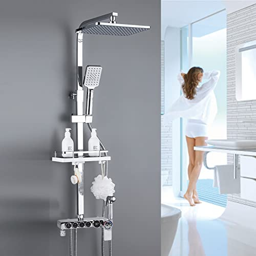 DnKelar Doccia Termostatica con Display Digitale, Set Colonna Doccia a 4 Modalità in Rame, Soffione a Pioggia Quadrato per Bagno 290 * 190 mm Altezza Regolabile (A, Cromato)
