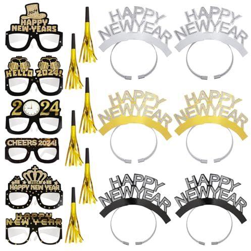 18 Stück Silvester Brille Neujahr Silvester Foto Requisiten 2025 Accessoires Partybrille Haarreif Stirnband Kopfbedeckung aus Papier Partytröten Happy New Year Deko Silvester Party Mitgebsel