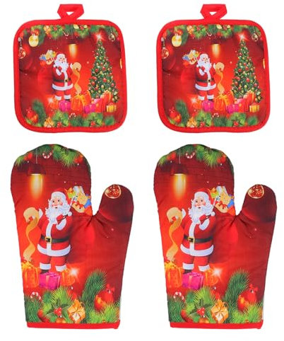 DOITOOL Ofenhandschuhe, 4 Stücke Weihnachten Krippendekoration Weihnachtsmann Topflappen Hitzebeständige, Mikrowellenhandschuhe Topfhandschuhe Für Küche Backofen BBQ Heiße Pad