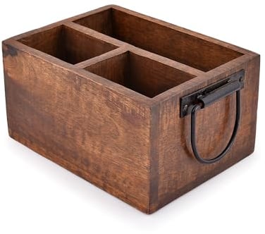 EDHAS 3 Compartment Flatware Caddy, Cutlery Utensil Holder with Metal Handles for Farmhouse Kitchen Decor and Countertop, Dining Table, Office Organizer (20.32cm x 15.24cm x 10.16cm