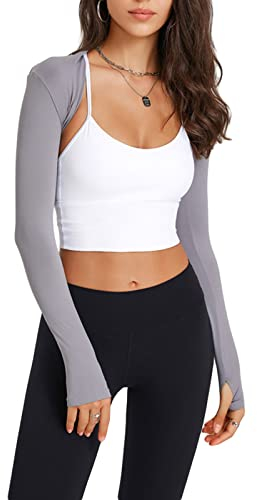 Damen Langarm Shrug Tops Slim Open Front Bolero Shrug Cropped Tops Solid Sports Sun Protection Cardigan Cover Ups Top (Grau, XL)