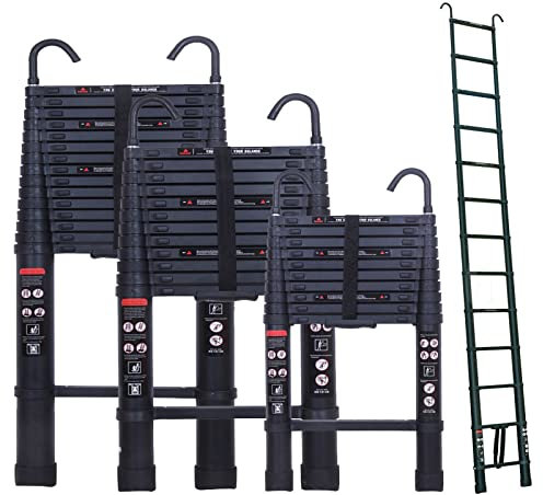 5m Teleskopleiter Aluminium mit 2 Haken, Rutschfester Anlegeleiter Loftleiter mit 13 Sprossen, Tragbare Ausziehleiter für Outdoor & Indoor, 150 kg Tragkraft, Schwarz