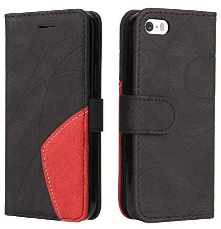 Fatcatparadise Compatible with iPhone 5/5S/SE 2016 (4.0 Inch) Case, Leather PU Wallet Mobile Phone Case Flip Case Bumper Protective Flip Case Leather Case with Card Slots and Stand Function (Black)