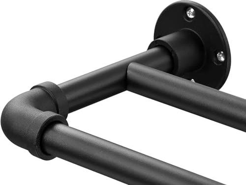 Gardinenstange Innenlauf 2-Läufig Industrieller Stil, 73-198cm Gardinenstange Verstellbare mit Flanschkopf und Halterungen aus Edelstahl für Wohnzimmer Schlafzimmer Fenster/Mattschwarz