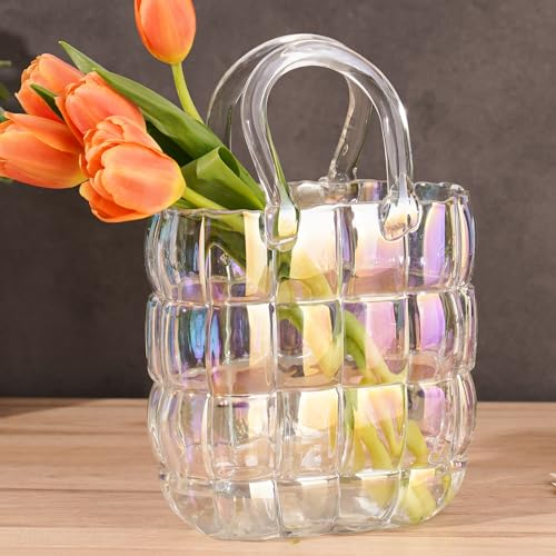NiHome Vaso Iridescente a Forma di Borsa Con Manico - Decorazione Fattoria in Vetro a Bocca Larga Fatto a Mano per Fiori, Ufficio, Casa, Soggiorno