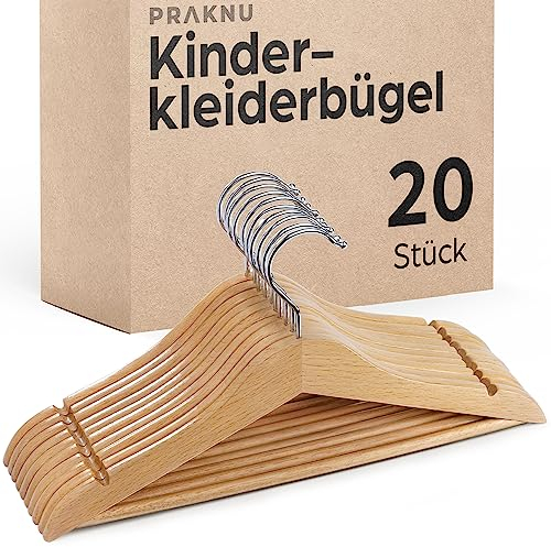 Praknu Kinderkleiderbügel FSC® Holz 20er Set - Robustes Natur Buchenholz - Perfekte Ordnung für Kinderkleidung