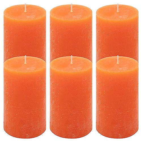 Rustik-Kerze Höhe 11,5 cm Ø 6,8 cm lange Brenndauer Rund-Kerze Säulenkerzen Kerzen-Deko Tafelkerzen Weihnachts-Kerzen Hochzeits-Deko (orange, 6)