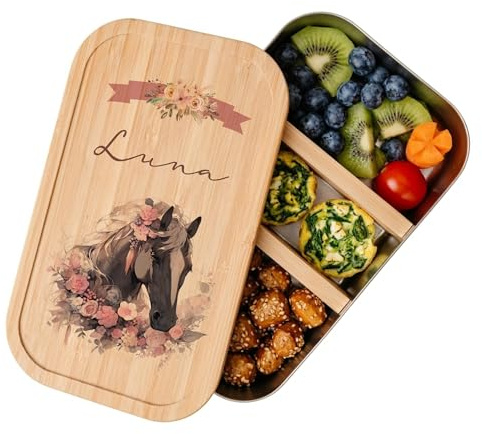 Manufaktur Liebevoll - Personalisierte Brotdose Pferd Pony m. Fächern, Edelstahl Lunchbox I Bambus Deckel u. Trenner, Brotbüchse | Kinder, Mädchen (Motiv Luna, Edelstahl | Größe M)