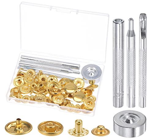 sourcing map 12 Set Schnellverschlüsse Kit 3/5 15mm Metall Presse Nieten Knöpfe mit 4 Einrichter Werkzeuge und Lagerbox für Bekleidung Leder Nähen Golden