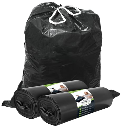 Müllsäcke 60L Schwarz mit ZUGBAND - Reißfest - Abfallbeutel XXL - Müllbeutel - 40 µ Stark - LDPE Recycelt - Großer Müllsack - 60 Liter - Mülltüten - Hausmüll, Gewerbe, Industrie - 50 Beutel – 2 Rollen